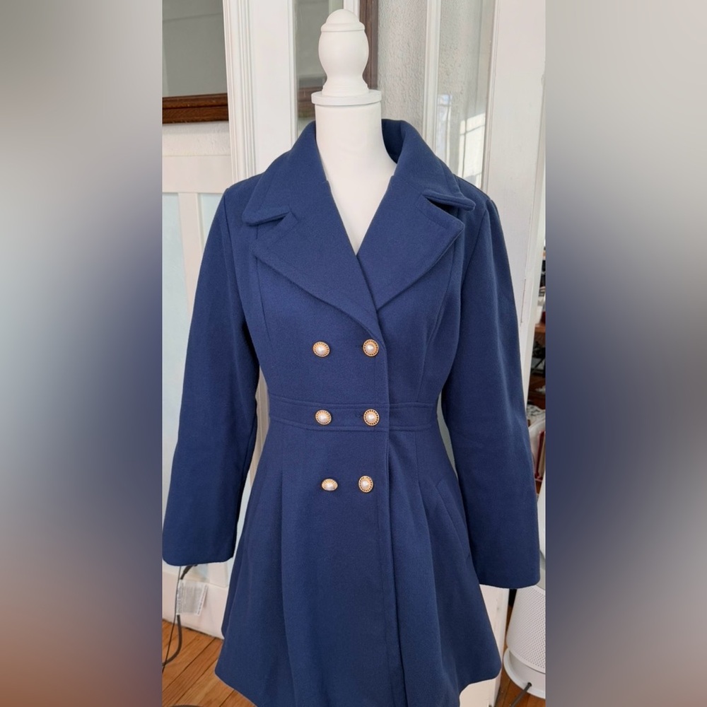 Elegant Navy Blue Pearl & Gold Buttons Double-Breasted Women's Coat
